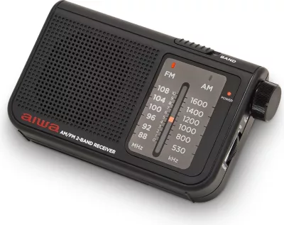 Radio xhepi Aiwa RS-55, FM/AM, antenë teleskopike 48 cm, dalje 3.5 mm, punon me 2xAA, e zezë, set me kufje + çantë mbrojtëse + rrip dore + bateri (2 copë)