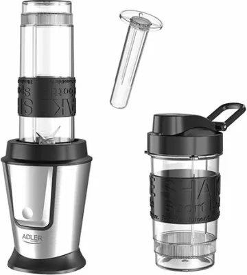 blender sportiv ADLER AD 4081, 570 ml + 400 ml, Tritan BPA-free, 4 tehe inox, argjend/zezë, set 2 shishe