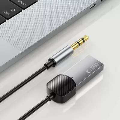 Adapter audio Bluetooth 3.5 mm, Tech-Protect UltraBoost, USB-A për furnizim, mikrofon, 1 m, gri