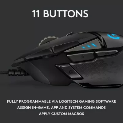 Maus gaming Logitech G502 HERO 910-005471, 25,600 DPI, 11 butona, RGB LIGHTSYNC, me kabllo, me pesha të rregullueshme, i zi