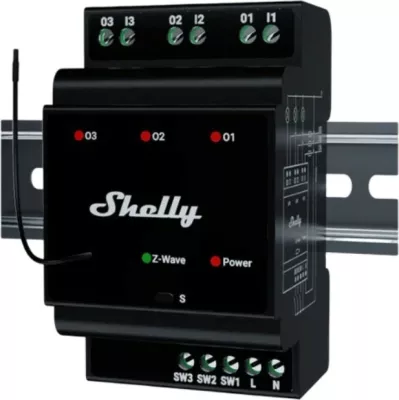 Relé i mençur Shelly Wave Hutschiene Pro 3, 3x16A, Z-Wave, e zezë