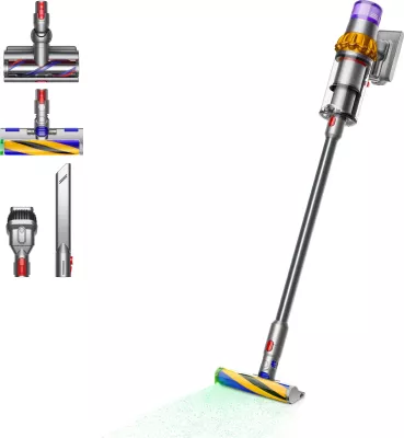 Fshesë me korrent Dyson V15 Detect Absolute, pa qese, 0.76 L, bateri, ngjyrë nikeli dhe e verdhë