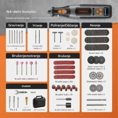 Vegël rrotulluese me bateri VONHAUS 3500392, 8V 2.5Ah, 5,000–25,000 RPM, me kasë dhe set aksesorësh, zi/portokalli