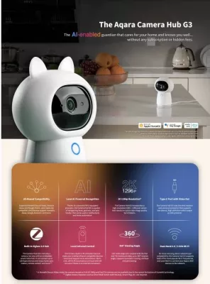 Kamerë IP smart me hub Aqara Camera Hub G3 2K (1296p), Zigbee 3.0, Wi‑Fi, pan/tilt 360°, e bardhë