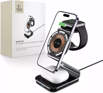 Karikues induktiv 3-në-1 Tech-Protect QI15W-A29 me MagSafe, për smartphone, Apple Watch dhe AirPods, i zi