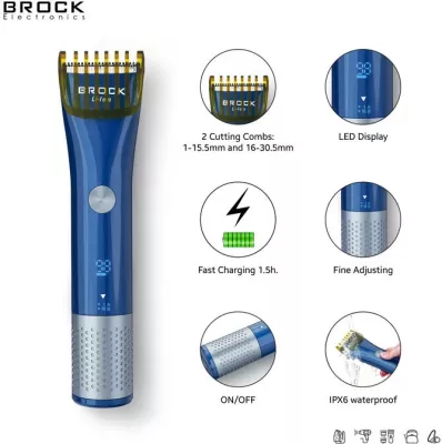 Makinë qethëse flokësh Brock BHC 3001, pa kabllo, bateri 600mAh, IPX6, e zezë/blue/silver