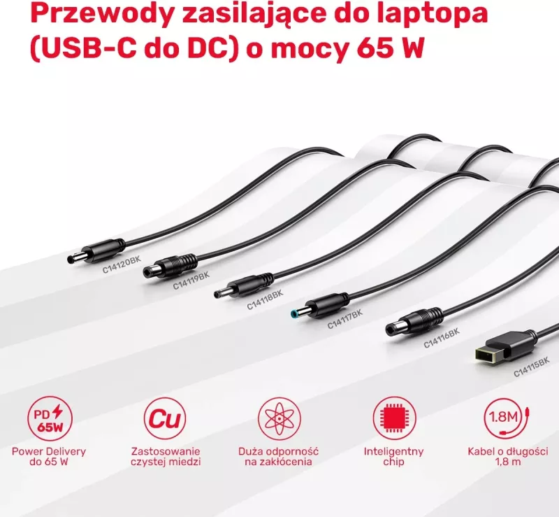 Kabllo furnizimi për laptop Acer Unitek, 65W USB-C - DC5,5, ngjyrë e zezë