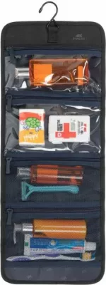 Çantë tualeti RIVACASE ECO 8408, RPET, 4 ndarje me zinxhir, me grep varës, e zezë