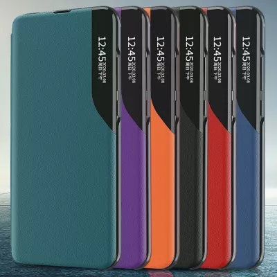 Mbështjellës Hurtel Eco Leather View Case për Samsung Galaxy A02s EU, me kapak dhe qëndrim, i zi