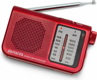 Radio xhepi Aiwa RS-55/RD FM/AM, dalje 3.5mm, 2x AA, set me kufje + qese mbrojtëse, kuqe