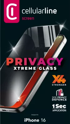 Mbrojtës ekrani privatësie Cellular Line Xtreme Glass për iPhone 16, xham i temperuar, transparent