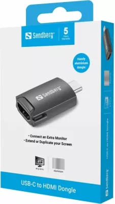 Adapter dongle USB-C në HDMI Sandberg 136-34, 4K/30Hz, alumini, gri