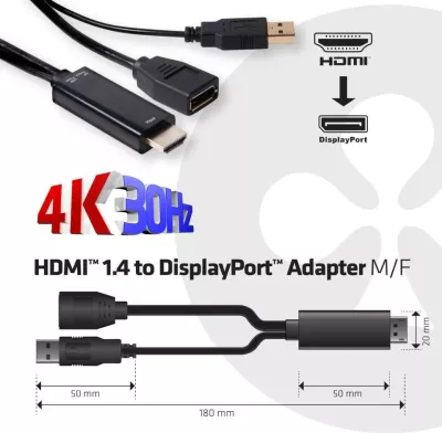 Adapter HDMI në DisplayPort Club3D, 0.18m, 4K, i zi