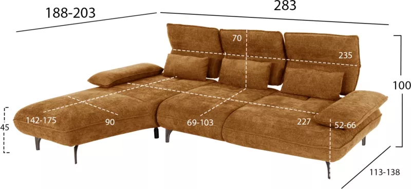 Divan-krevat këndor (majtas) CONVERT FH3268.02L, ngjyrë e kuqe tullë, 283x188x100H cm