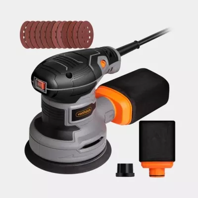 Lëmues ekscentrik VonHaus 3500323, 300 W, disk 125 mm, 6 shpejtësi 7,000–14,000 rpm, kabllo 3 m, me 12 letra zmerile + 2 thasë pluhuri, zi/portokalli/gri