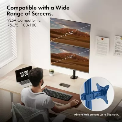 Mbajtëse monitori dual tavoline VONHAUS 3000112 për 2 ekrane 13-32", VESA 75x75-100x100, clamp/grommet, e zezë
