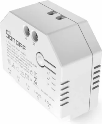 Switch smart Wi‑Fi 2-kanalësh SONOFF DUALR3, kontroll për perde/roleta, matje energjie, 100–240V 10A, 3300W, i bardhë