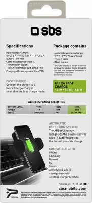 Mbështjellës me karikim wireless SBS TESUPWIR15WAUT për ventilator të makinës, 15W, i zi