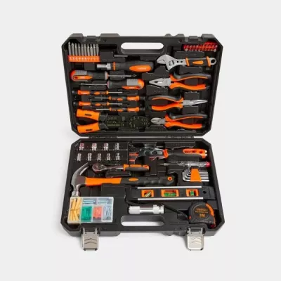 Set veglash pune VONHAUS 3500325, 120 copë, çelik krom-vanadium/karbon, me valixhe, portokalli/zi