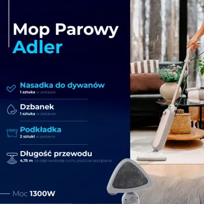 Mop me avull, Adler, AD 7057, 1300W, depozitë uji 380ml, kabëll 4.75m, i bardhë/gri
