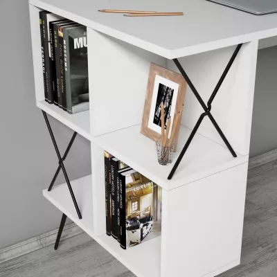 Tavolinë studimi moderne, e bardhë/zezë, Skye Decor, Extra 2, me rafte muri