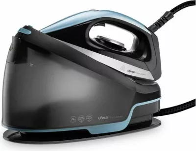 Hekur me stacion avulli UFESA Pure Steam 80206190, 2400 W, 6.5 bar, rezervuar 1.2 l, pllakë qeramike, i zi/kaltër