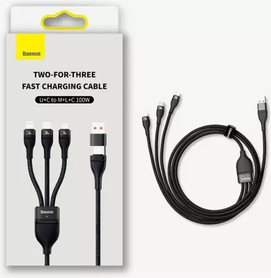 Kabllo multifunksional Baseus Flash Series II CASS030101, 1.2m, 100W, USB-A/USB-C/Lightning/micro USB, e zezë