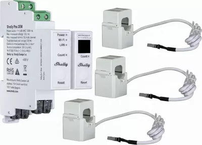 Matës energjie Shelly Pro 3EM 120A v2, shinë DIN, Wi‑Fi/LAN/BT, 3x kapësa 120A, i bardhë