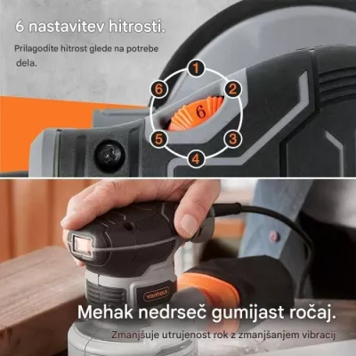 Lëmues ekscentrik VonHaus 3500323, 300 W, disk 125 mm, 6 shpejtësi 7,000–14,000 rpm, kabllo 3 m, me 12 letra zmerile + 2 thasë pluhuri, zi/portokalli/gri