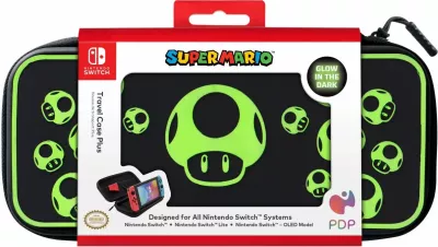 Kasë udhëtimi PDP Nintendo Switch Travel Case Plus 1-Up Glow in the Dark, me mbajtëse të integrume, e zezë/jeshile