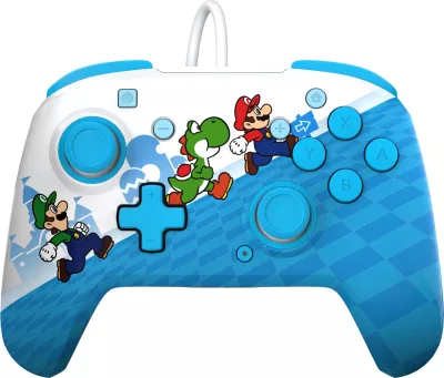 Kontroller i kablluar PDP Rematch Mario Escape për Nintendo Switch/Switch 2, audio 3.5mm, butona të programueshëm, blu/bardhë