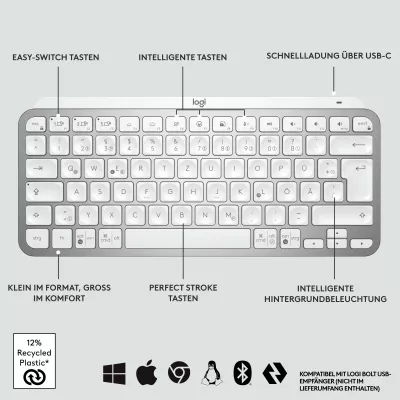 Tastierë Logitech MX Keys Mini për Mac, Mini, Wireless, Bluetooth, QWERTZ, LED, Gri