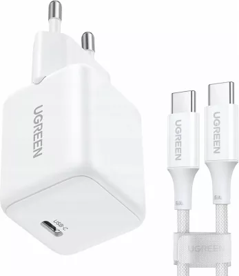 Karikues rrjeti Ugreen X513 30W GaN USB-C 3A me kabllo USB-C 1m, i bardhë (set)