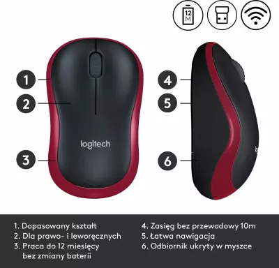 Maus Logitech M185 (910-002240) Wireless USB 1000 DPI, zi/kuqe
