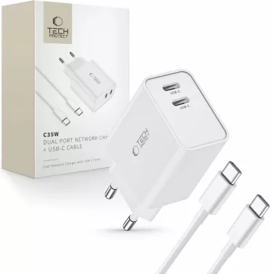 Karikues rrjeti Tech-Protect C35W me 2x USB-C PD 35W dhe kabllo USB-C/USB-C, Bardhë set