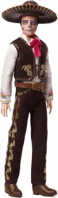 Kukull koleksionuese Ken Mattel Signature Dia De Muertos 2025 JBJ06 me aksesorë, certifikatë autenticiteti dhe stand