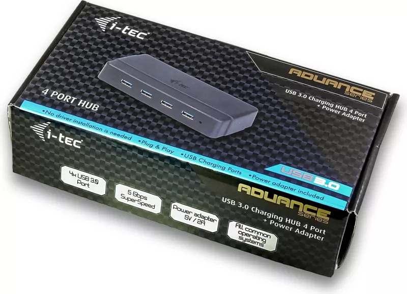 HUB USB I-Tec 4 porta, USB 3.0, me adapter rryme, i zi