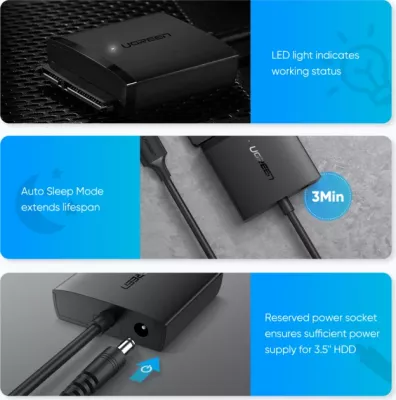Adapter USB 3.0 në SATA UGREEN 60561, deri 12 TB, 5 Gbps, UASP, për HDD/SSD 2.5\"/3.5\", i zi, me kuti