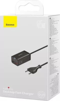 Karikues Baseus GaN3 Pro CCDK65E 65W 2x USB-C 2x USB-A me kabllo USB-C në USB-C 1m, i zi (CCGP040101)