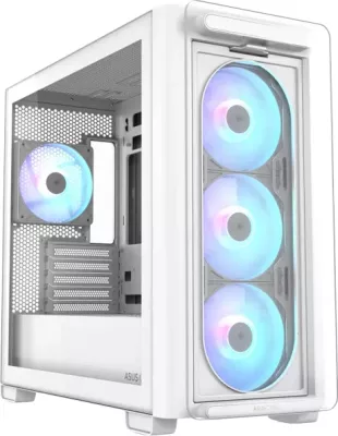 Kasë ASUS A23 PLUS microATX me xham të temperuar, 4 ventilatorë ARGB, mbështet radiator 360 mm dhe GPU 380 mm, e bardhë
