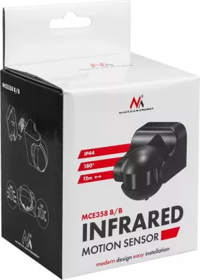 Sensor lëvizjeje PIR Maclean MCE358, IP44, rreze 12 m, ngarkesë max 300/1200 W, i zi