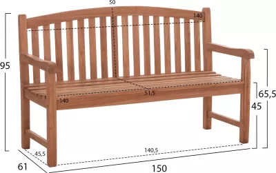 Bankë për jashtë, 3 vende, dru tik, ngjyrë natyrale, ELENA FH18125, 150x61x95cm