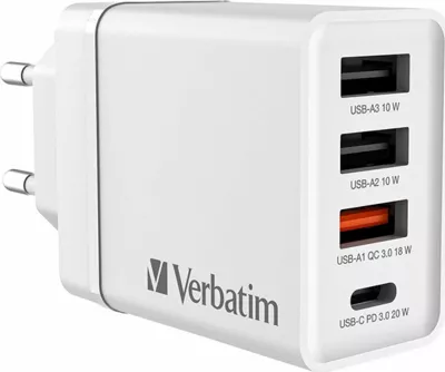 Karikues muri Verbatim CHR-30EU2 (49701) 30W, 1x USB-C PD 20W + 3x USB-A (QC 3.0 18W + 2x 10W), prizë EU, i bardhë