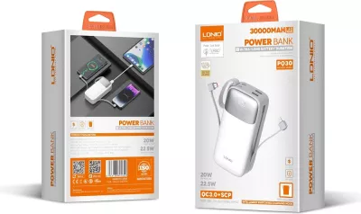 Power bank LDNIO PQ30 30000mAh 22.5W me kabllo të integrume USB-C/Lightning, 2 porta USB, e bardhë
