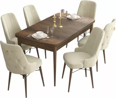 Set tavoline me karrige për ngrënie, zgjatues, ngjyrë barok dhe krem, 7 copë, Skye Decor