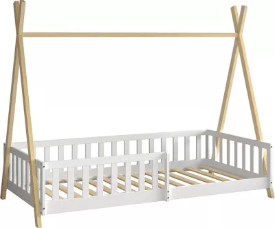 Krevat për fëmijë me parmakë, stil Montessori, dru pishe natyral-bardhë, FH739.03, për dyshek 190x90cm
