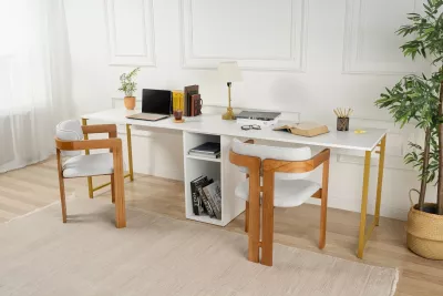 Tavolinë studimi dyshe Hanah Home, e bardhë, ari