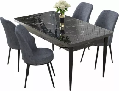 Set tavoline me karrige për ngrënie, 5 copë, Skye Decor, ngjyrë mermeri të zi, fume