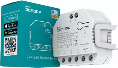 Switch smart Wi‑Fi 2-kanalësh SONOFF DUALR3, kontroll për perde/roleta, matje energjie, 100–240V 10A, 3300W, i bardhë