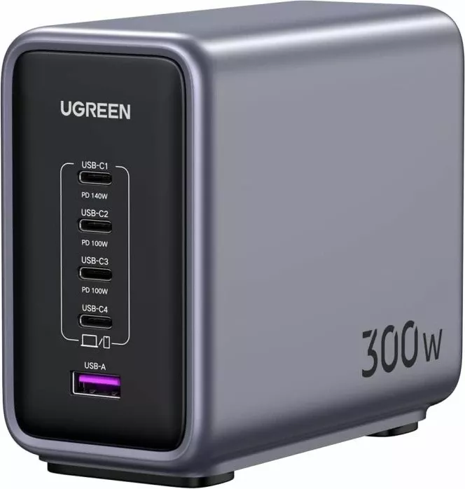 Karikues USB UGREEN Nexode 90903B, 300W GaN II, 5 porta (4x USB-C + 1x USB-A), PD 3.1, kabllo 2m, gri, Box